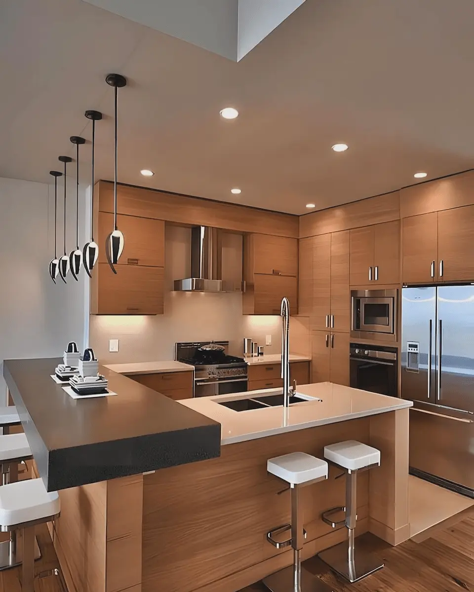 Flat-panel wood veneer kitchen featuring a cantilevered dual-tier island, minimalist metal hardware, stainless appliances, and five teardrop pendants suspended below an architectural skylight well in Bronxville, Westchester County — JMR Construction